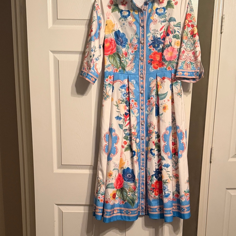 Dalia MacPhee Floral Dress with Blue and Orange Accents